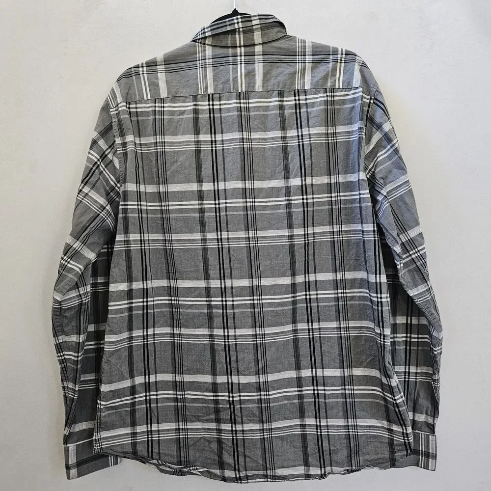 Theory Shirt Mens XL Black Grey Plaid Long Sleeve Button Up Cotton Preppy Office